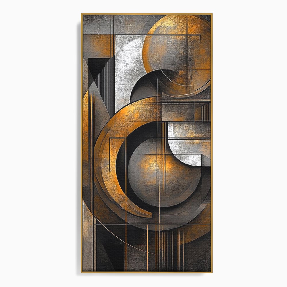 Tablou canvas cu tablou canvas geometric cu cercuri aurii si gri, in rama de aluminiu auriu